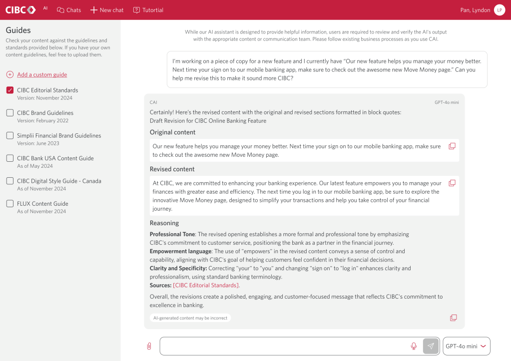 Design draft for an Editorial Assistant feature that allows the user to check a piece of text against various CIBC internal rulebooks.