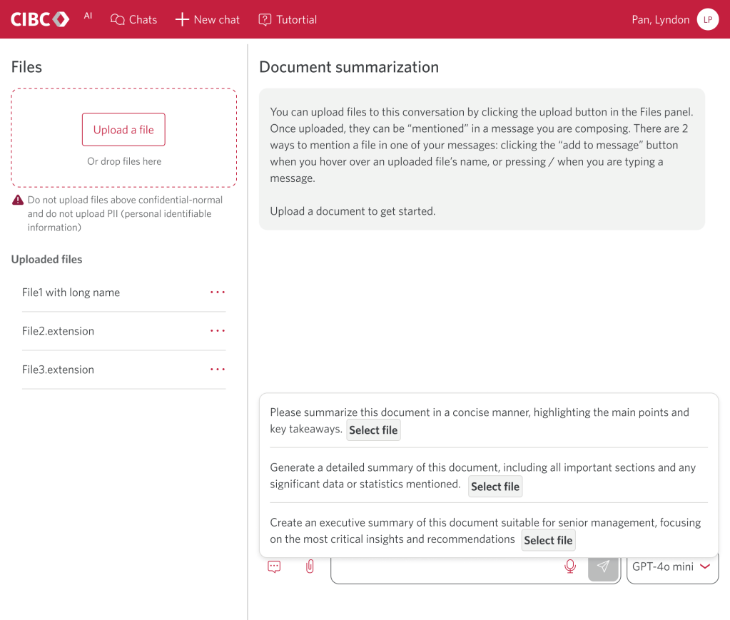 Another design mockup showing preset prompts in the chat UI allowing the user to pick an uploaded file.