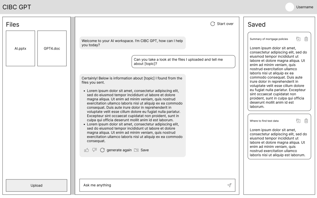 An initial wireframe of the CAI app's main chat interface.