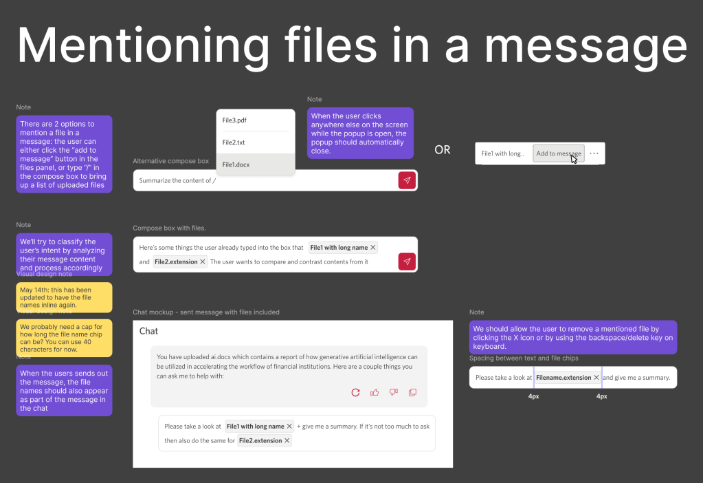 A set of design annotations about a "file mentioning" mechanism in CAI's compose box.